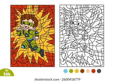 Cute cartoon Superhero boy. Color by number, education game for children