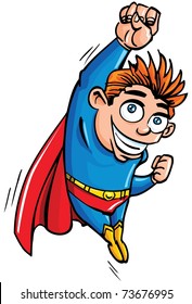 Cute cartoon Superhero boy flying up. He is isloated on white