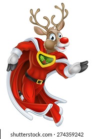 A cute cartoon superhero Christmas reindeer character running