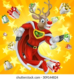 A cute cartoon superhero Christmas Reindeer character running with stars and Chrismas gifts or presents in the background