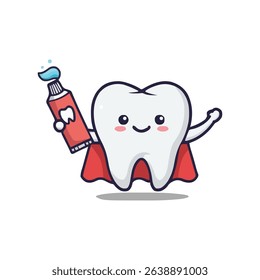 Cute Cartoon Superhero Tooth Character Holding Toothpaste Tube, Dental Hygiene and Oral Care Concept Illustration