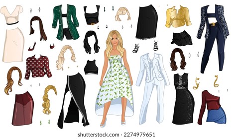 Cute Cartoon Supermodel Paper Doll with Outfits, hairstyles and Accessories. Vector Illustration