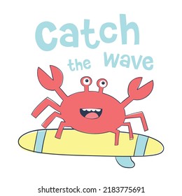 Cute Cartoon Surfer Crab Vector Illustration