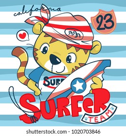 Cute cartoon surfer tiger holding surfboard on striped background illustration vector.