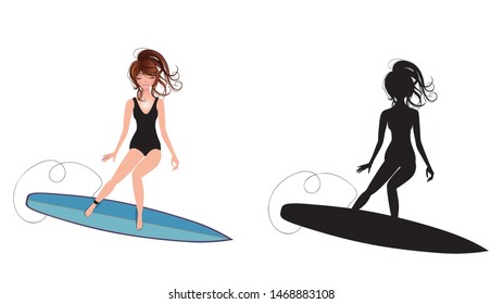 Cute cartoon surfing girl with black silhouette design.