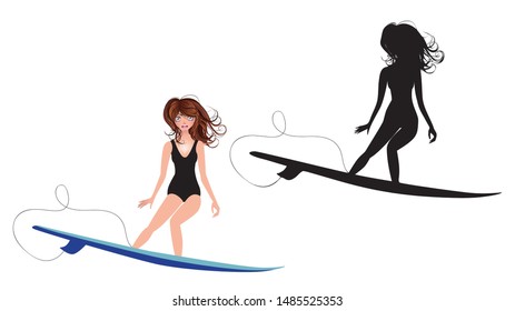 Cute cartoon surfing girl with black silhouette design.