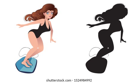 Cute cartoon surfing girl with black silhouette design.