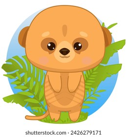 Cute cartoon suritat standing in the leaves. Suritate in kawaii style. Kawaii meerkat. Vector illustration for stickers, cards, posters, banners. Children s illustration.