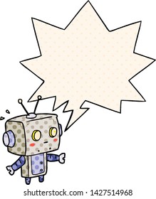 cute cartoon surprised robot with speech bubble in comic book style