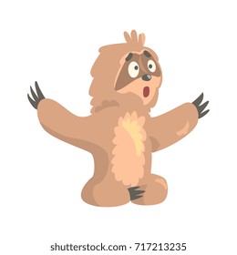 Cute cartoon surprised sloth character sitting on the floor, funny tropical animal vector Illustration