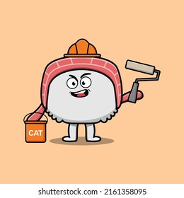 Cute cartoon sushi as a builder character painting in 3d modern style design