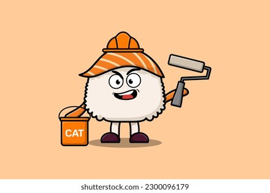 Cute cartoon Sushi as a builder character painting in flat modern style design illustration