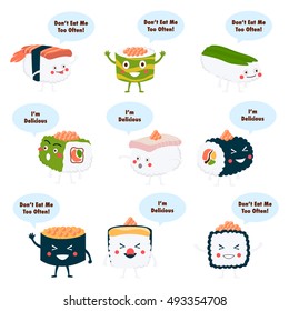 Cute cartoon Sushi character. Asian restaurant mascot. Sushi sticker set