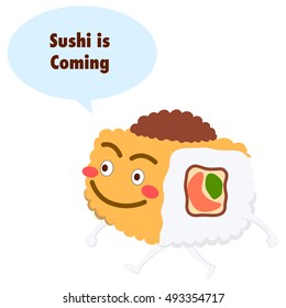 Cute cartoon Sushi character. Asian restaurant mascot. Sushi sticker set