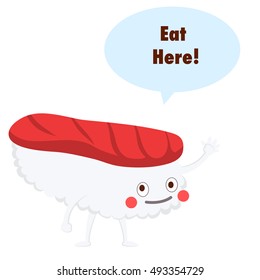 Cute cartoon Sushi character. Asian restaurant mascot. Sushi sticker set