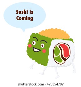 Cute cartoon Sushi character. Asian restaurant mascot. Sushi sticker set