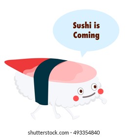 Cute cartoon Sushi character. Asian restaurant mascot. Sushi sticker set