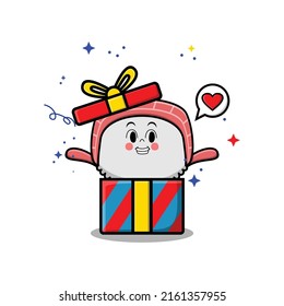 Cute cartoon sushi character coming out from big gift box look happy in concept flat cartoon style