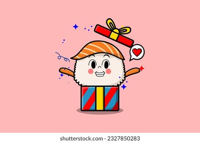Cute cartoon Sushi character coming out from big gift box look so happy flat cartoon style