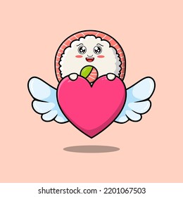 cute cartoon sushi character hiding heart in flat cartoon style illustration