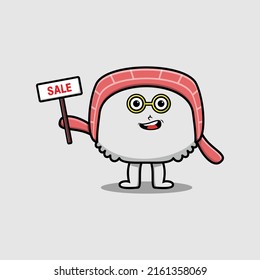 Cute cartoon sushi character holding sale sign designs in concept flat cartoon style