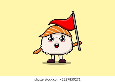 Cute cartoon Sushi character holding triangle flag in 3d modern design illustration