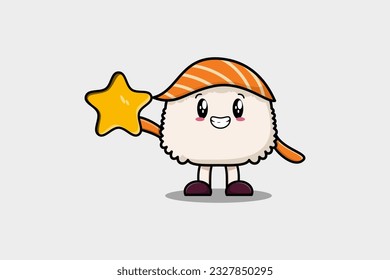 Cute cartoon Sushi character holding big golden star in cute modern style design illustration