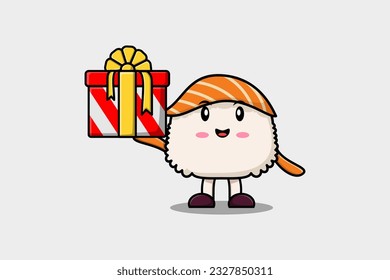 Cute cartoon Sushi character holding gift box in vector icon illustration