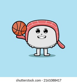 Cute cartoon sushi character playing basketball 