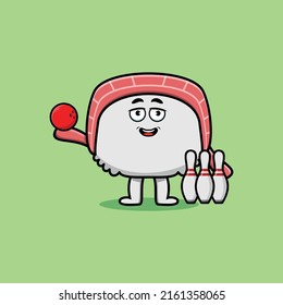 Cute cartoon sushi character playing bowling in flat modern style design