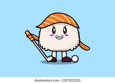 Cute cartoon Sushi character playing golf in concept flat cartoon style illustration