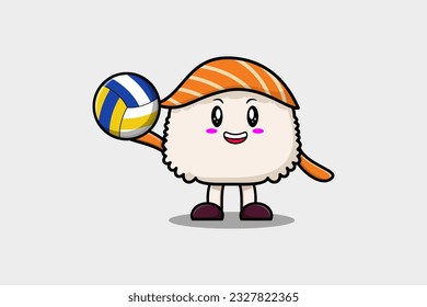 Cute cartoon Sushi character playing volleyball in flat cartoon style illustration