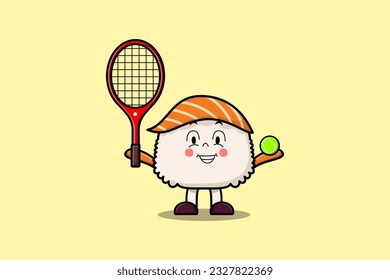 Cute cartoon Sushi character playing tennis field in flat cartoon style illustration