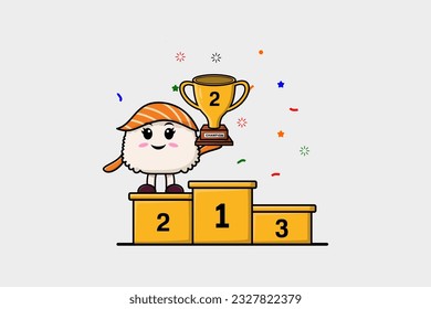 Cute cartoon Sushi character as the second winner with happy expression modern illustration