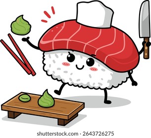 A cute cartoon sushi character with a smiling face, holding a knife and chopsticks, cheerfully playing with wasabi on a wooden board. Fun and playful food illustration.

