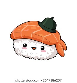 A cute cartoon sushi character with a smiling face, blushing cheeks, a slice of salmon on top, and a tiny green hat, giving it a playful and charming personality.

