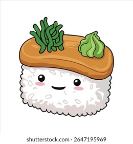 A cute cartoon sushi character with a smiling face, topped with seaweed and wasabi, drawn in a fun and playful kawaii style.

