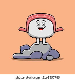Cute cartoon sushi character standing in stone vector illustration in concept flat cartoon style