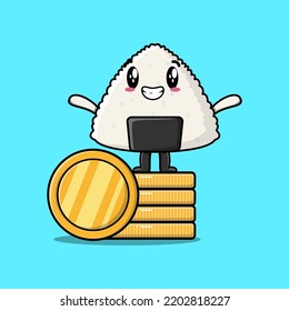 Cute cartoon sushi character standing in stacked gold coin vector illustration in flat cartoon style