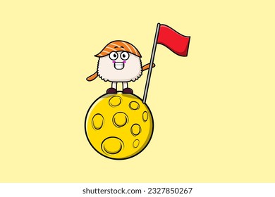 Cute cartoon Sushi character standing on the moon with flag in 3d modern design illustration