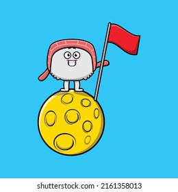 Cute cartoon Sushi chef character standing on the moon with flag in flat modern design