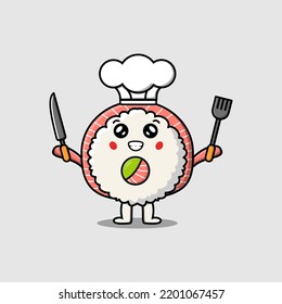 Cute cartoon sushi chef character holding knife and spatula in flat cartoon style illustration