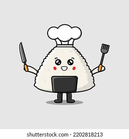 Cute cartoon sushi chef character holding knife and fork in flat cartoon style illustration