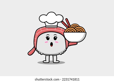 Cute cartoon Sushi chef character holding noodles in bowl flat cartoon style illustration