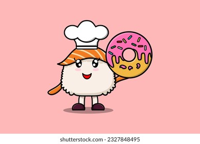 Cute cartoon Sushi chef character donuts in flat cartoon style illustration