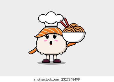 Cute cartoon Sushi chef character holding noodles in bowl flat cartoon style illustration