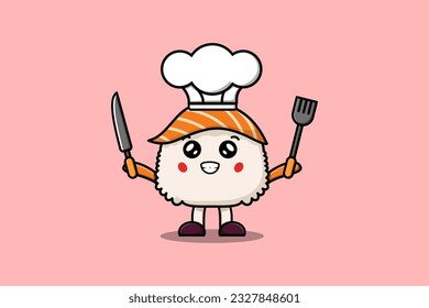 Cute cartoon Sushi chef character holding knife and fork in flat cartoon style illustration