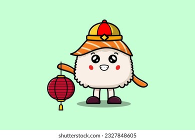 Cute cartoon Sushi chinese character holding lantern in vector icon illustration