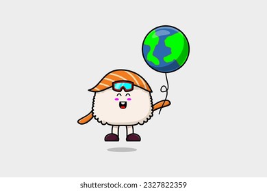 Cute cartoon Sushi floating with balloon cartoon vector illustration