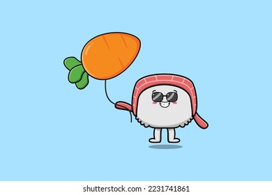 Cute cartoon Sushi floating with carrot balloon in flat cartoon vector icon illustration